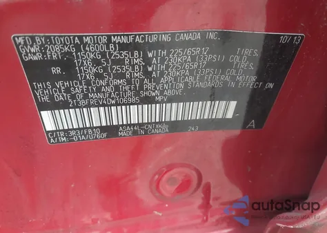 2013 Toyota Rav4 Le из США, поврежденный, VIN 2T3BFREV4DW106985